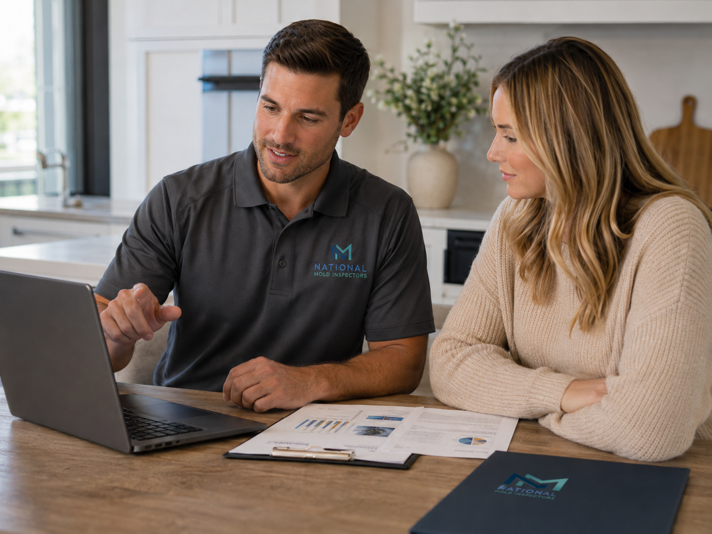 Inspector walking a homeowner through recommendations on a laptop