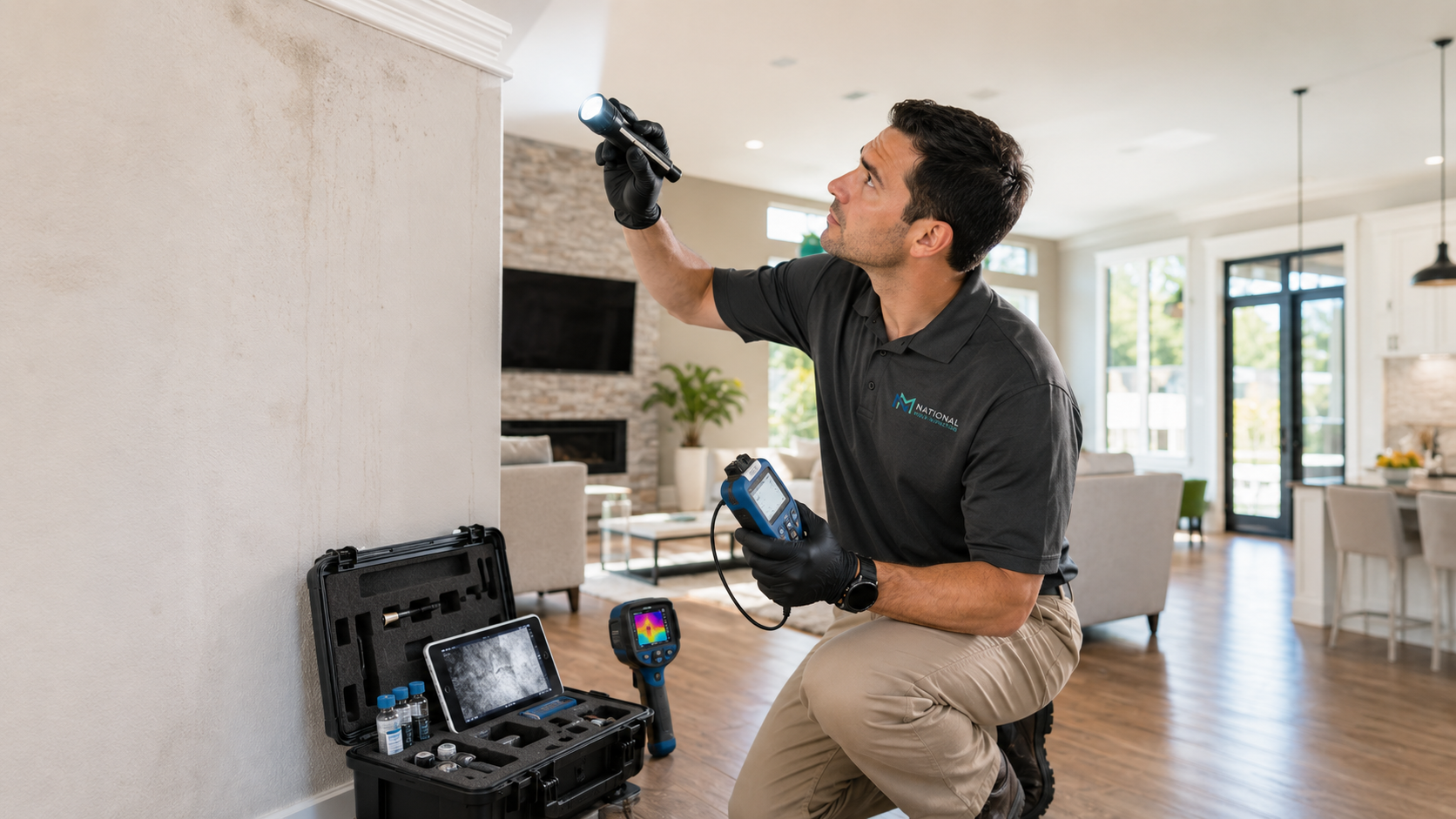 National Mold Inspectors technician inspecting a home with thermal imaging and moisture equipment