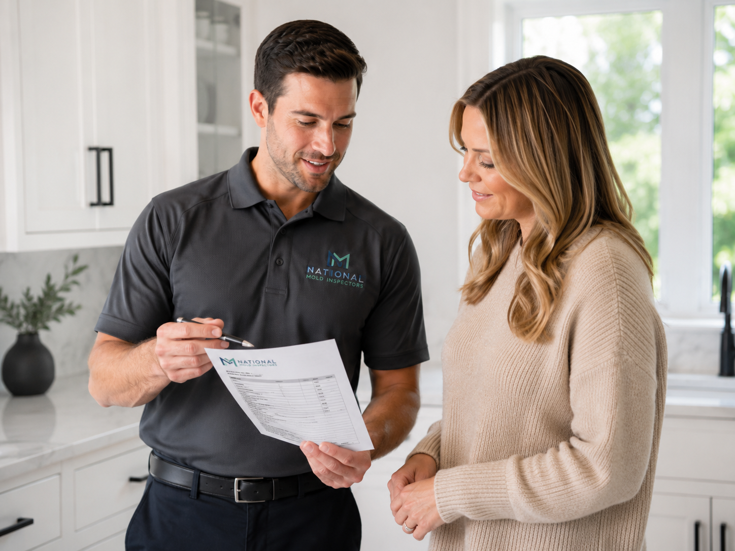 Inspector reviewing a printed lab report with a homeowner