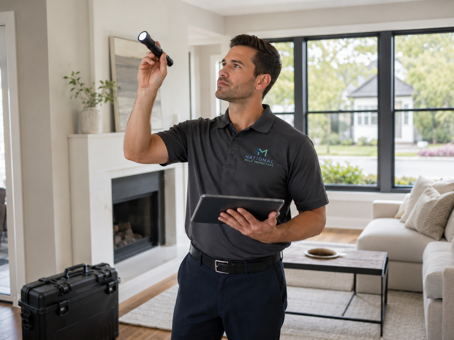 Inspector performing a room-by-room walkthrough with flashlight and tablet